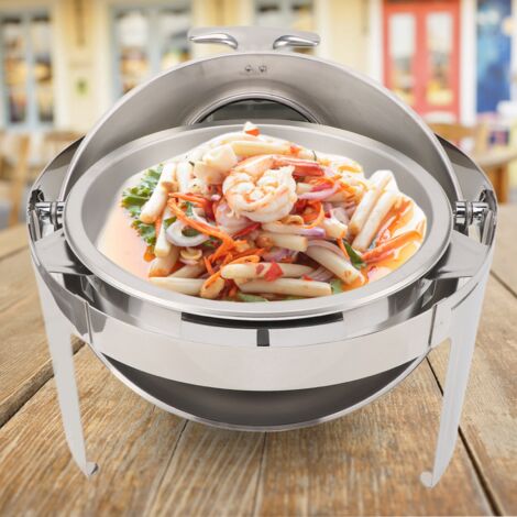 Warmhaltebehälter [Buffet-Heizplatte] Bain-Marie Buffet-Gastronomie-Set Edelstahl-Chafing-Dish 6L Speisen- und Alkoholheizung Sichtbarer Glasdeckel Runder Speisebehälter