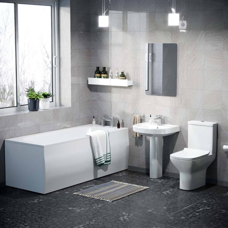 Neshome - Warton Rimless Close Coupled Toilet, Full Pedestal Basin and Round Bath Tub Suite White