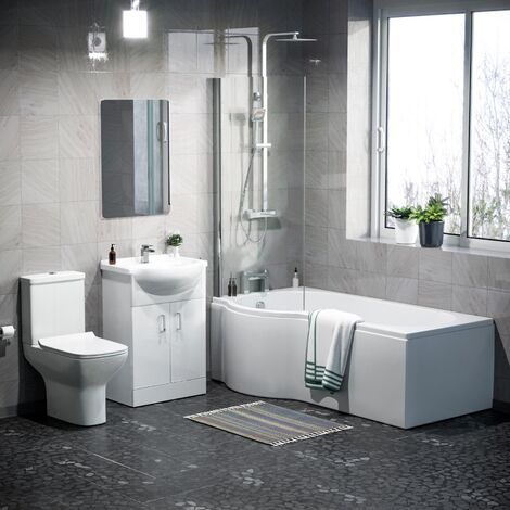 Warton P-Shaped Left Hand Side Bath Set, Front Panel, Bath Screen, Rimless Open Back CC Toilet, 550mm Floor Standing Flat Pack Vanity Unit White, Taps & Shower