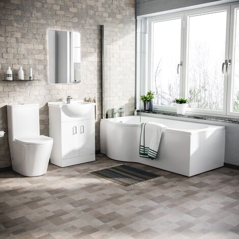 Warton P-Shaped Left Handed Bath + Bath Screen, 550mm Floor Standing Vanity Unit and Close Coupled Toilet Suite