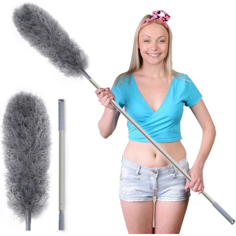 Waschbarer Teleskop-Staubwedel aus Mikrofaser und Edelstahl, Teleskopstange und flexible Eckbürste, waschbar, extra lang ausziehbar bis zu 254 cm, für Stoffdecken
