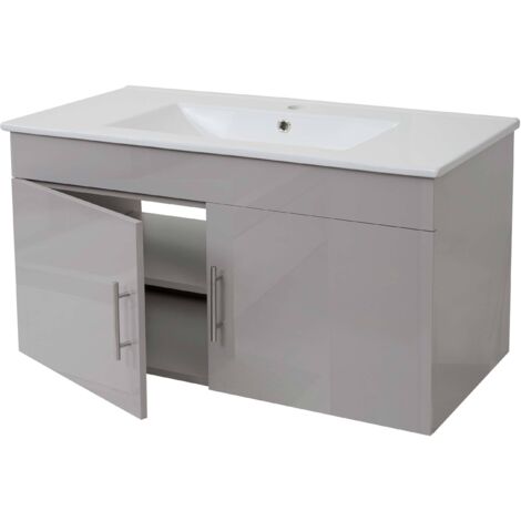 Waschbecken + Unterschrank HHG-241, Waschbecken Waschtisch, hochglanz 90cm grau