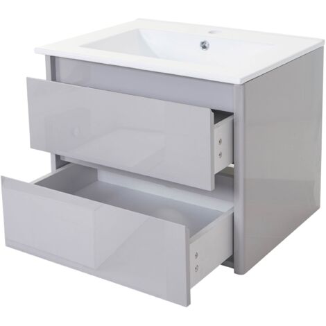 Waschbecken + Unterschrank HHG-614, Waschbecken Waschtisch Badezimmer, hochglanz 50x60cm grau
