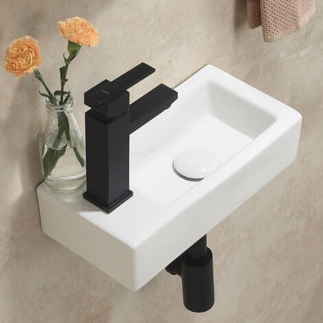 Waschbecken, Waschbecken Klein, Waschtisch Gäste WC, Hängewaschbecken Bad, Mini Waschbecken Keramik, Hahnloch Links