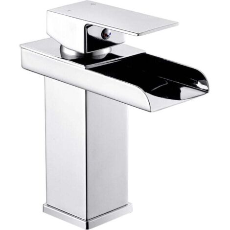 Waschbeckenarmatur mit Wasserfallbrause, Einhebelmischer für Warm- und Kaltwasser (Farbe: kurzes Chrom) aus Edelstahl, Einlochmontage, Vollkupferkern
