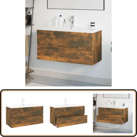 Waschbeckenschrank mit Einbaubecken Räuchereiche Holzwerkstoff - Badezimmermöbel - Waschtisch - Waschbeckenunterschrank - Möbel - Holzmöbel