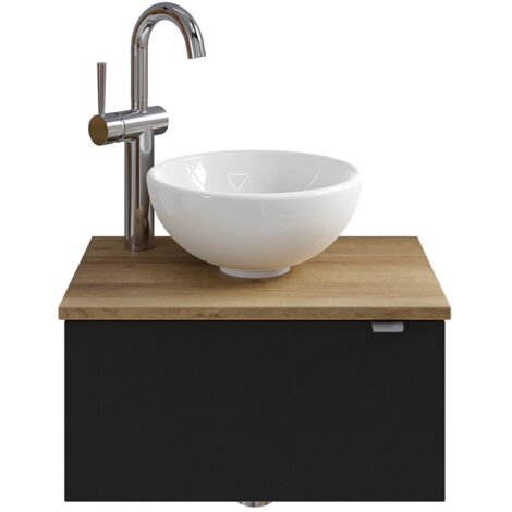 Waschbeckenunterschrank 50 cm inkl. Waschbecken in schwarz matt mit Eiche AMADORA-66, Türanschlag links