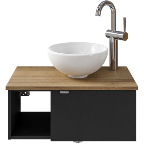 Waschbeckenunterschrank 60 cm inkl. Waschbecken in schwarz matt mit Eiche AMADORA-66, Türanschlag rechts