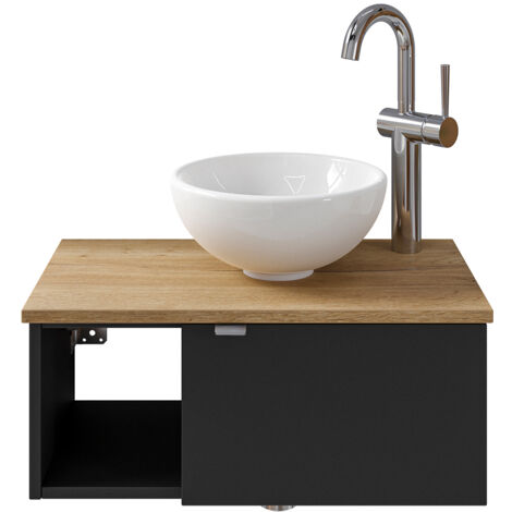 Waschbeckenunterschrank 60 cm inkl. Waschbecken in schwarz matt mit Eiche AMADORA-66, Türanschlag rechts