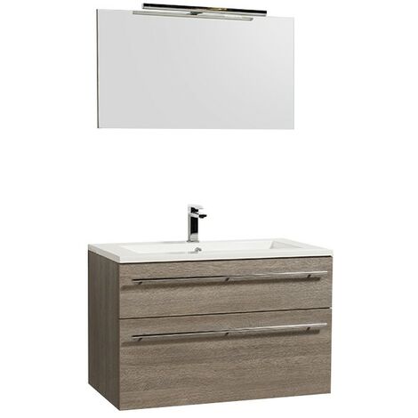 Waschbeckenunterschrank 90cm + Waschbecken + Spiegel + Beleuchtung MAIA / Eiche hell grau/