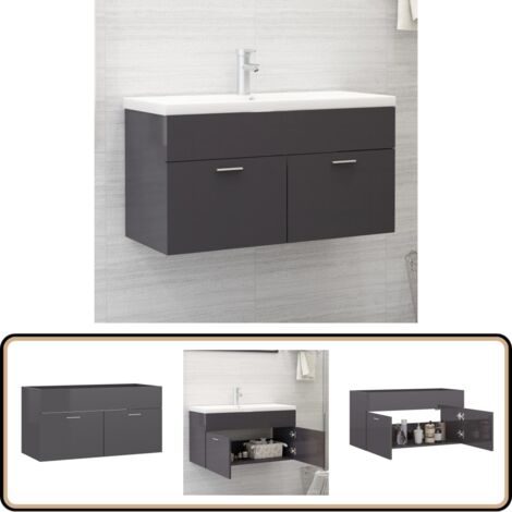 Waschbeckenunterschrank Hochglanz-Grau 90x38,5x46cm - Waschtischschrank - Badezimmermöbel - Holzwerkstoffschrank - Grau - Spiegelschrank
