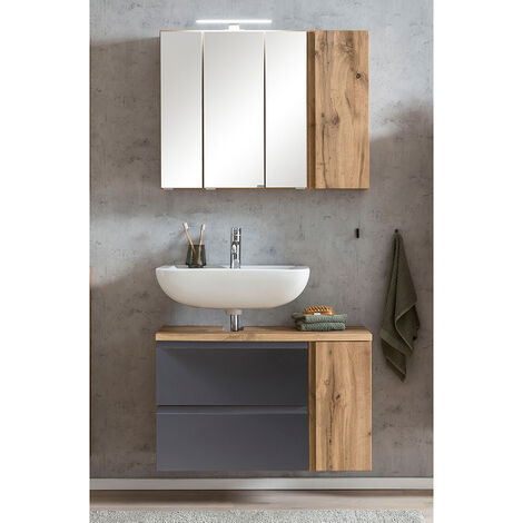 Waschbeckenunterschrank, links, mit Spiegelschrank, 85cm, LED Beleuchtung, VASTO-03-GREY, Wotan Eiche Nb. mit grau matt, B/H/T ca. 85/200/35 cm
