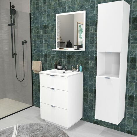 Waschbeckenunterschrank MARBELLA 60 cm + Waschbecken + Spiegel + Säule / Weiss/
