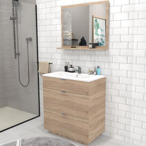 Waschbeckenunterschrank mit 3 Schubladen MARBELLA 80 cm + Waschbecken + Spiegel / Gebleichte Eiche/