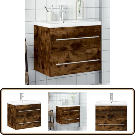 Waschbeckenunterschrank mit Einbaubecken Räuchereiche - Waschbeckenunterschrank - Holzwerkstoff Möbel - Badezimmermöbel - Küchenwäsche - Spülbecken