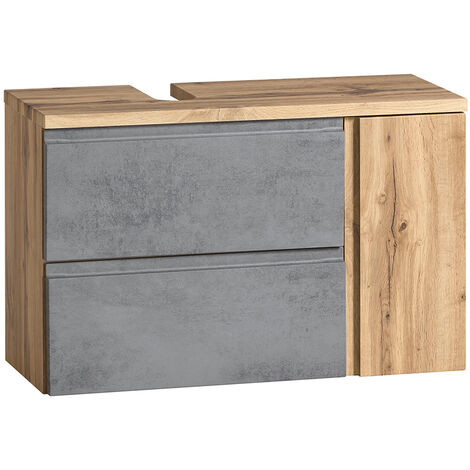 Waschbeckenunterschrank mit Siphonausschnitt links VASTO-03-CONCRETE, in Wotan Eiche Nb. mit Beton Optik, B/H/T ca. 85/56/35 cm