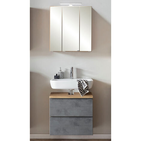 Waschbeckenunterschrank mit Spiegelschrank, 60cm, LED Beleuchtung, VASTO-03-CONCRETE, Wotan Eiche Nb. mit Beton Optik, B/H/T ca. 60/200/35 cm
