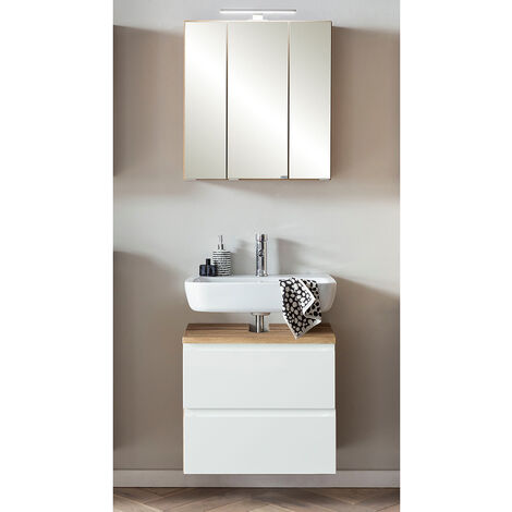 Waschbeckenunterschrank mit Spiegelschrank, 60cm, LED Beleuchtung, VASTO-03-WHITE, Wotan Eiche Nb. mit weiß matt, B/H/T ca. 60/200/35 cm