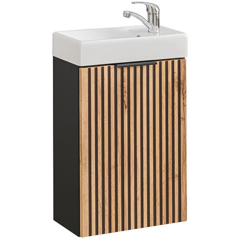 Waschbeckenunterschrank mit Waschbecken Gäste WC XANTEN-56 in anthrazit mit Eiche Nb. schwarz gerillt, B/H/T: ca. 41/66/22 cm