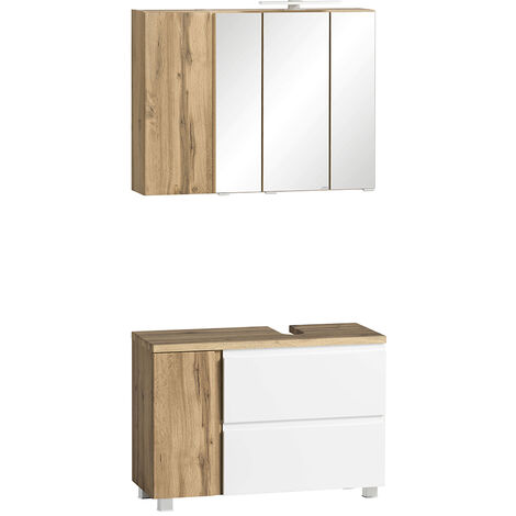 Waschbeckenunterschrank, rechts, mit Spiegelschrank, 85cm, LED Beleuchtung, VASTO-03-WHITE, Wotan Eiche Nb. mit weiß matt, B/H/T ca. 85/200/35 cm