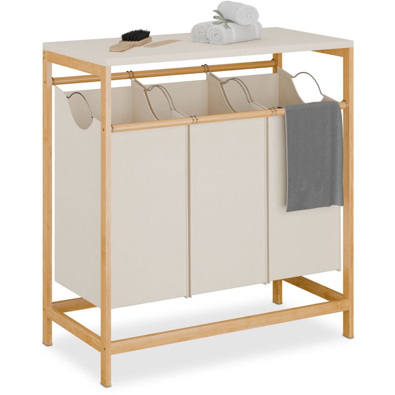 Meuble à linge, 3 corbeilles, étagère, mélange de matériaux, h x l x p : 84,5 x 78,5 x 40 cm, nature et crème - Relaxdays