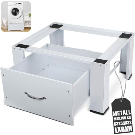 Waschmaschinen Sockel mit Schubladen, Waschmaschinen Untergestell 63 x 54.5 x 32 cm (LxBxH), Trocknersockel aus Stahl Stabiler Rutschfesten Podest für Kühlschrank Gefrierschrank Bis 150kg
