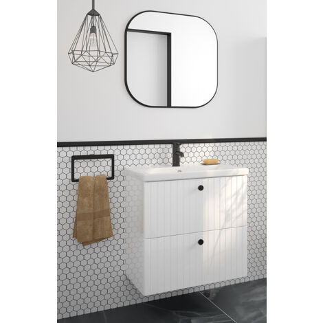 Waschplatz Set 2-teilig, 60 cm Waschtisch und Spiegel, weiß Hochglanz gerillt RIVA-107