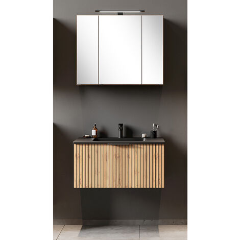 Waschplatz Set 80cm, Waschbecken schwarz matt, Eiche, LIVINGSTON-03