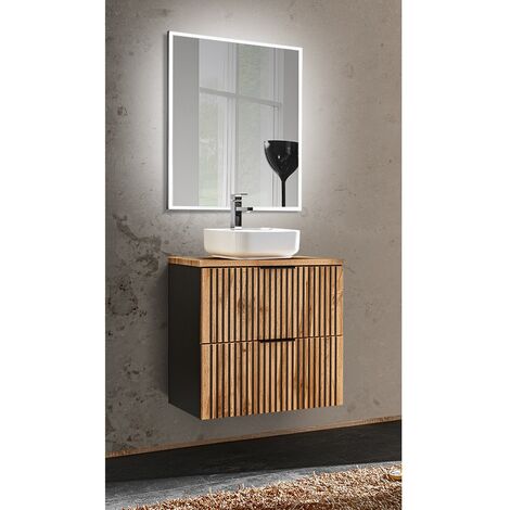 Waschplatz Set Gäste WC Waschtisch Unterschrank 60 cm Spiegel XANTEN-56 in anthrazit mit Eiche Nb. schwarz gerillt, B/H/T: 60,6/200/46,5 cm