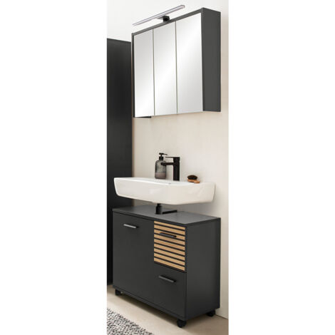Waschplatz Set mit 65 cm Waschbeckenunterschrank anthrazit, Akustikpaneel-Optik KANE-80