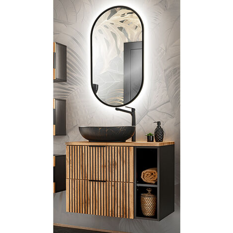 Waschplatz Set mit Aufsatzwaschbecken und LED Spiegel XANTEN-56 in anthrazit mit Eiche Nb. schwarz gerillt, B/H/T: ca. 80,6/200/46,5 cm