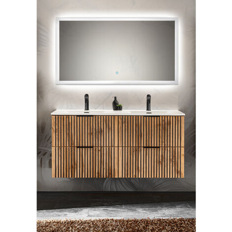 Waschplatz Set mit Doppelwaschtisch 121 cm, LED Spiegel mit Touch Bedienung XANTEN-56 in anthrazit mit Eiche Nb. Rillen schwarz, B/H/T: ca. 121/200/46 cm
