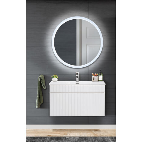 Waschplatz Set mit LED Spiegel und 80cm Waschtischunterschrank inkl. Keramik Waschbecken IRAKLIO-56 in weiß matt, B/H/T: ca. 81/200/46 cm