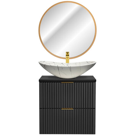 Waschplatz Set mit marmoriertem Keramik-Aufsatzbecken und LED-Spiegel, matt schwarz mit gerillter Front ADELAIDE-56-BLACK, B/H/T ca. 61,5/200/46,5 cm