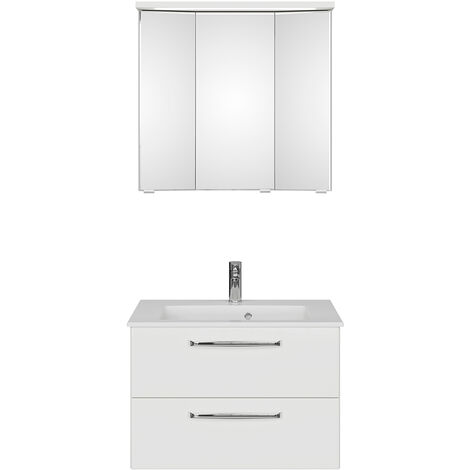 Waschplatz Set mit Mineralmarmorbecken und LED Beleuchtung TRENTO-66 in weiß Glanz, B/H/T: ca. 77/200/50 cm
