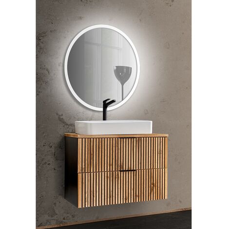 Waschplatz Set mit Waschtisch 80 cm XANTEN-56 in anthrazit mit Eiche Nb. schwarz gerillt, B/H/T: 80,6/200/46,5 cm