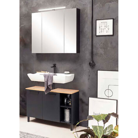 Waschplatz Set Waschbeckenunterschrank Spiegelschrank schwarz matt mit Eiche MASON-80, 2-teilig