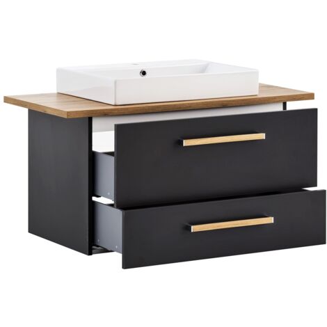 Waschtisch 102 cm Unterschrank inkl. Keramikbecken DABO-04 in anthrazit mit Landhaus-Eiche, B/H/T: 102,2/61,5/50 cm