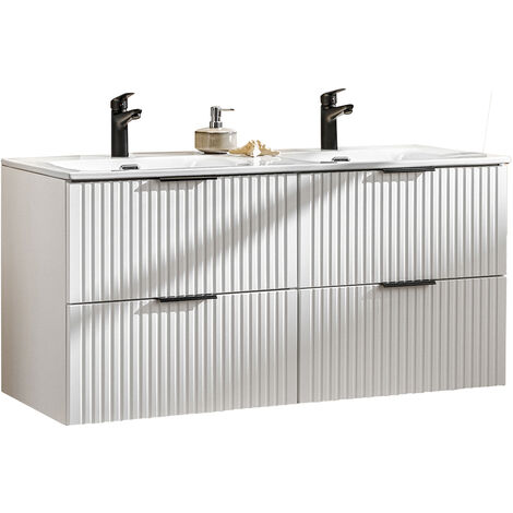 Waschtisch 121cm mit Keramik-Waschbecken, weiß, Front gerillt, ADELAIDE-56-WHITE