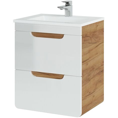 Waschtisch 52 cm mit Keramik-Waschbecken LUTON-56 Hochglanz weiß mit Wotan Eiche Nb. B/H/T ca. 52/61/40 cm