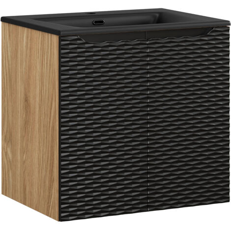 Waschtisch 60cm in Eiche mit schwarz, OLUO-56-BLACK, Front mit 3D-Struktur in Wellenoptik