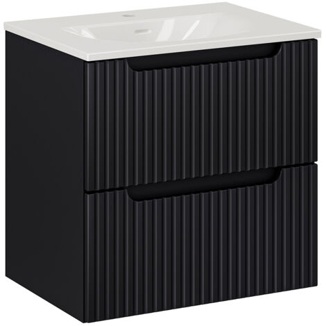 Waschtisch 60cm, in schwarz, gerillte Front, NEWPORT-56-BLACK