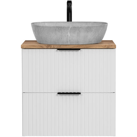 Waschtisch 60cm mit Aufsatzbecken, weiß mit Eiche Nb., Front gerillt, ADELAIDE-56-WHITE