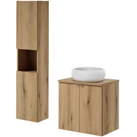 Waschtisch 60cm Skelbolu mit Hochschrank Eicheoptik [en.casa]