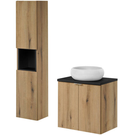 Waschtisch 60cm Skelbolu mit Hochschrank Eicheoptik/Schwarz [en.casa]