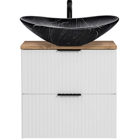 Waschtisch 61,5cm mit Aufsatzbecken, weiß mit Eiche Nb., Front gerillt, ADELAIDE-56-WHITE
