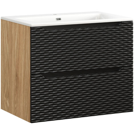 Waschtisch 70cm in Eiche mit schwarz, OLUO-56-BLACK, Front mit 3D-Struktur in Wellenoptik