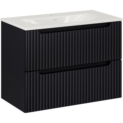 Waschtisch 80cm, in schwarz, gerillte Front, NEWPORT-56-BLACK
