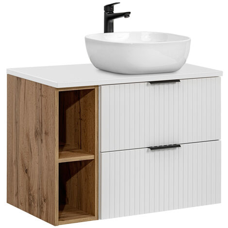 Waschtisch 80cm mit Keramik-Waschbecken, weiß mit Eiche Nb., gerillte Front, ADELAIDE-56-WHITE