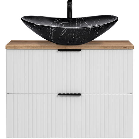 Waschtisch 80cm mit marmoriertem Aufsatzbecken, weiß mit Eiche Nb., Front gerillt, ADELAIDE-56-WHITE